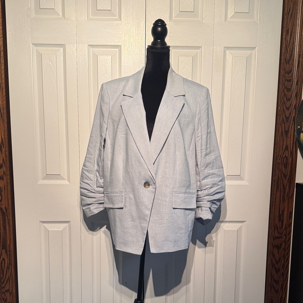 Veronica Beard Pale Blue Ruched-Sleeve Single-Button Blazer